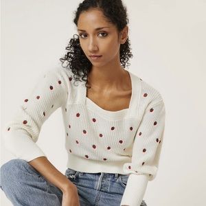 Anthropologie Maeve Embroidered Strawberry Sweater White Cream Size Medium EUC